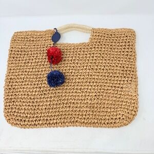 Mark & Graham Straw Tote Bag Tan One Size Woven Pom-Pom Beach Bag Coastal Preppy